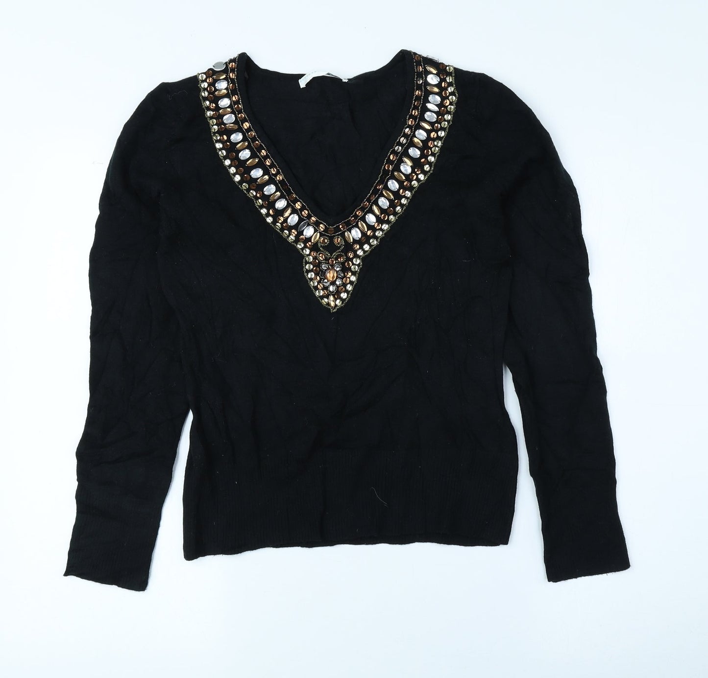 AMARANTO Womens Black V-Neck Acrylic Pullover Jumper Size 12