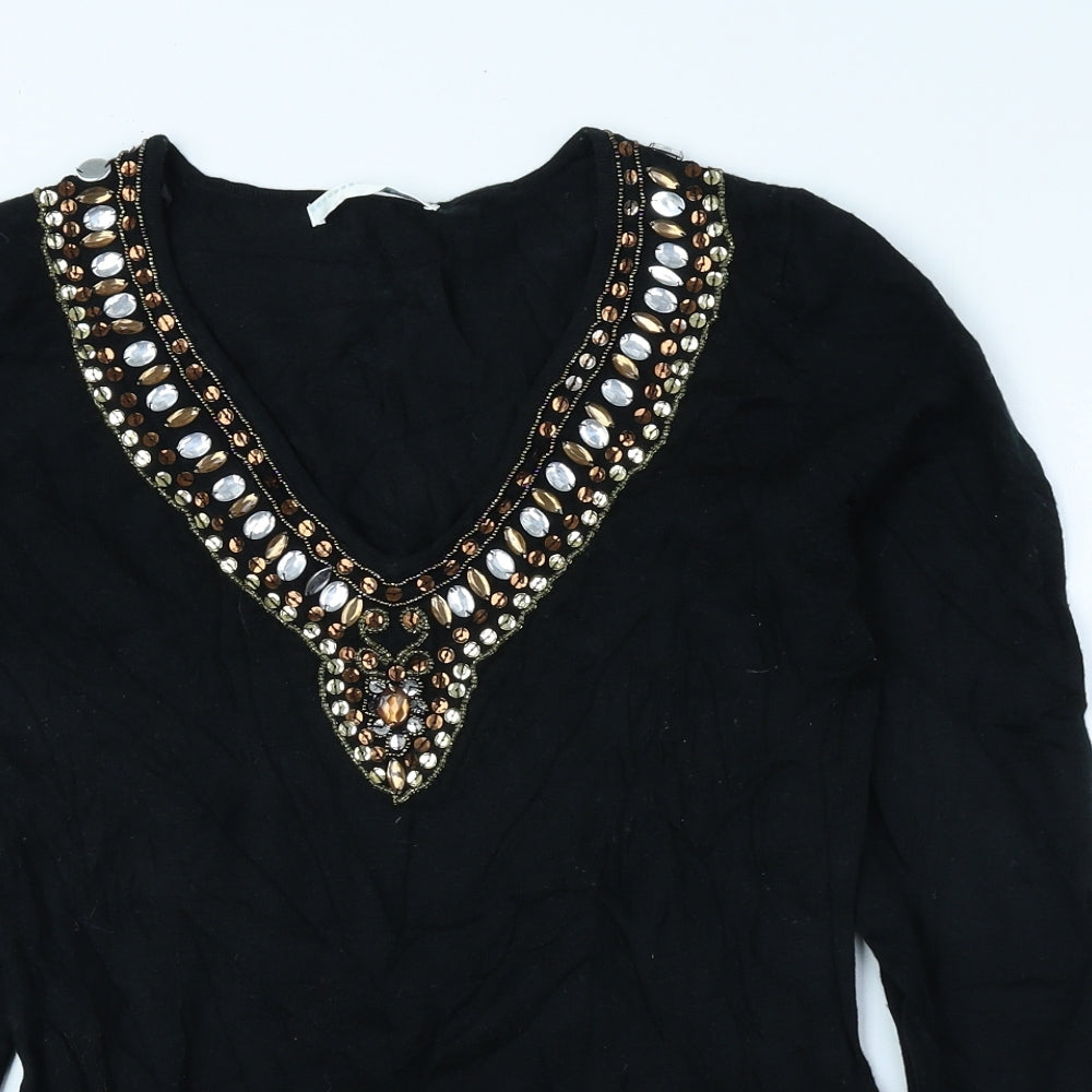 AMARANTO Womens Black V-Neck Acrylic Pullover Jumper Size 12