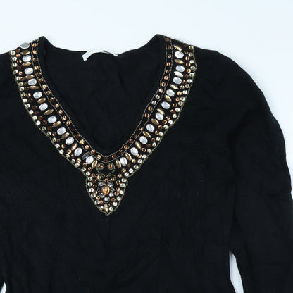 AMARANTO Womens Black V-Neck Acrylic Pullover Jumper Size 12