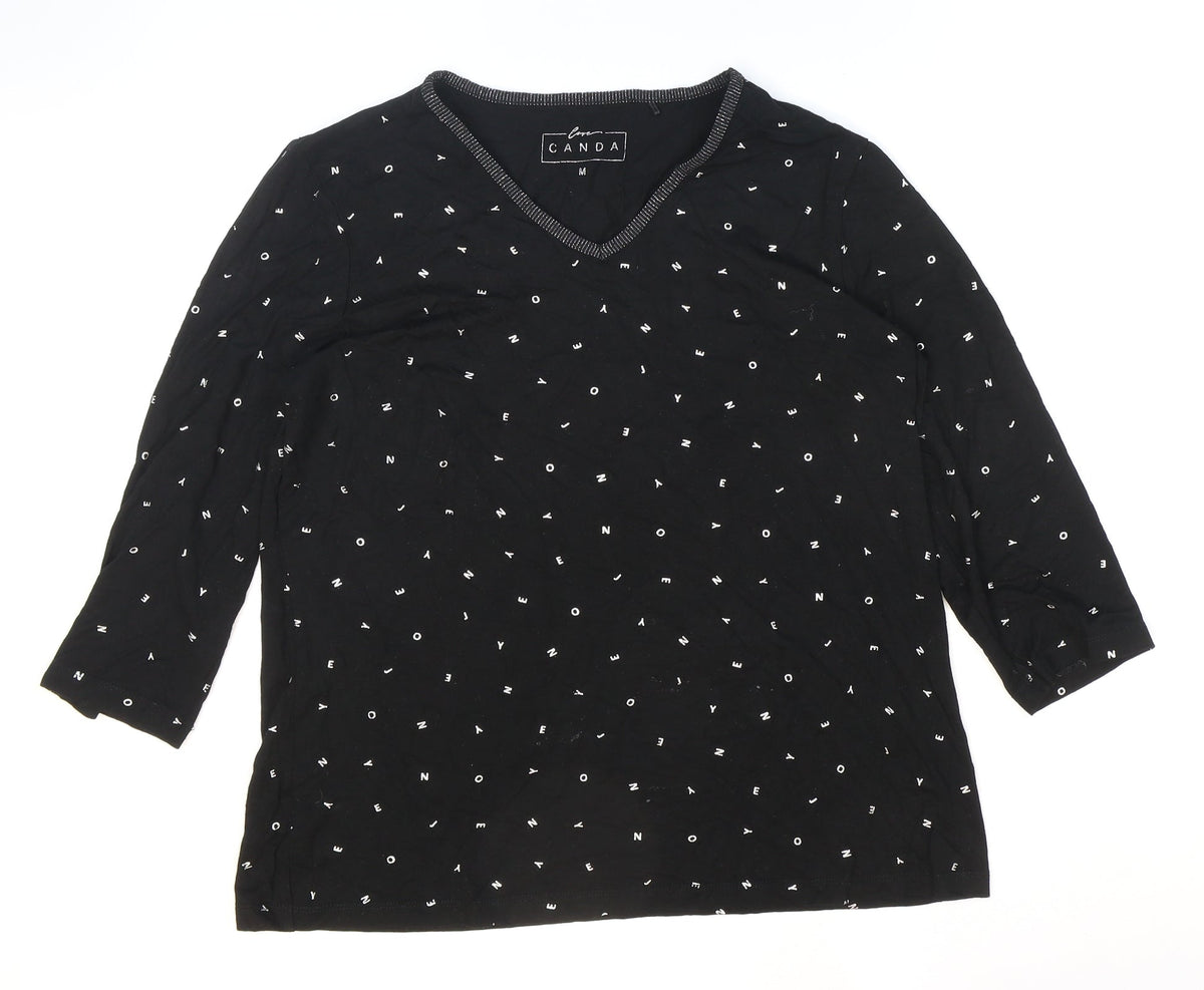 Front view of Cape Canada women’s black geometric polyester basic t-shirt, size M, v-neck - letters