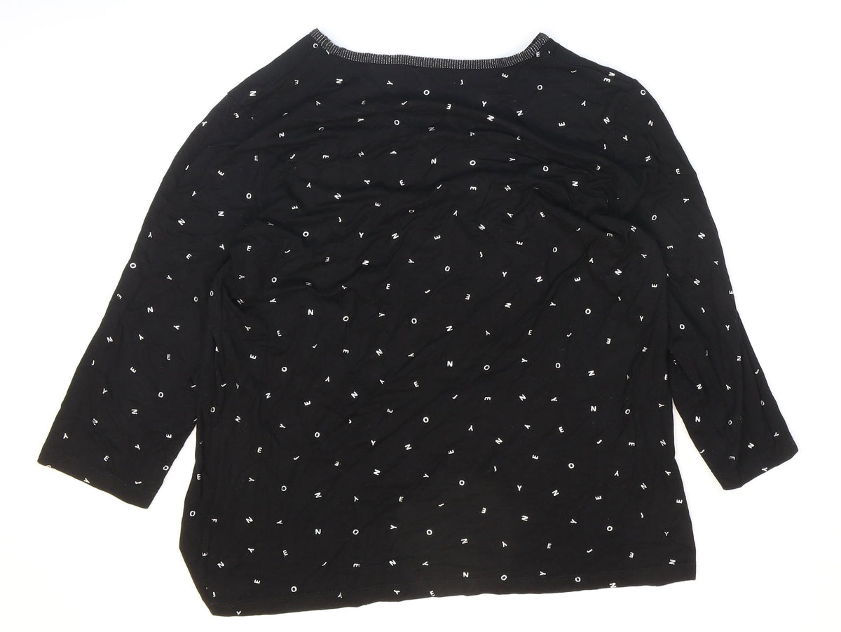 Back view of Cape Canada women’s black geometric polyester basic t-shirt, size M, v-neck - letters