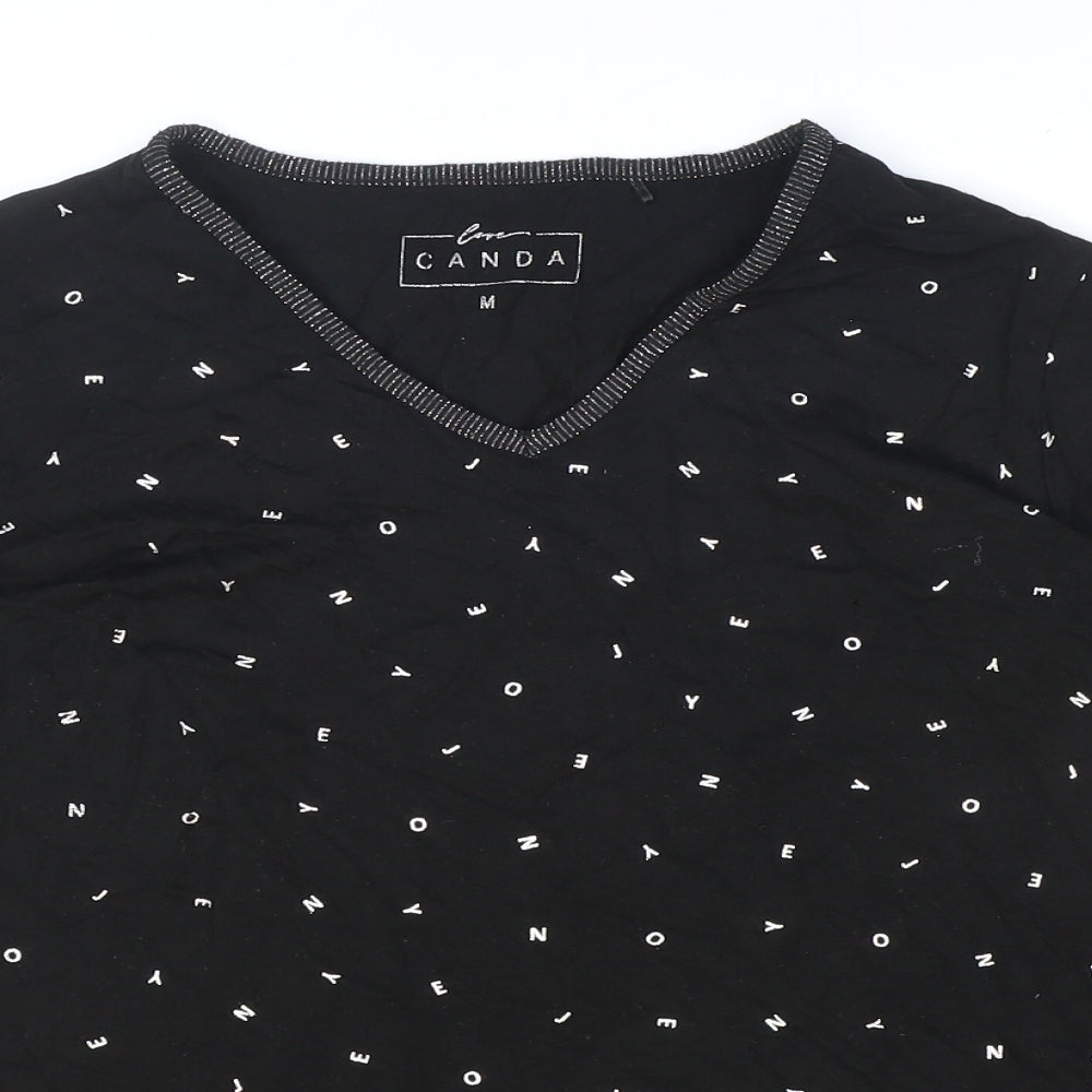 Close-up detail of Cape Canada women’s black geometric polyester basic t-shirt, size M, v-neck - letters