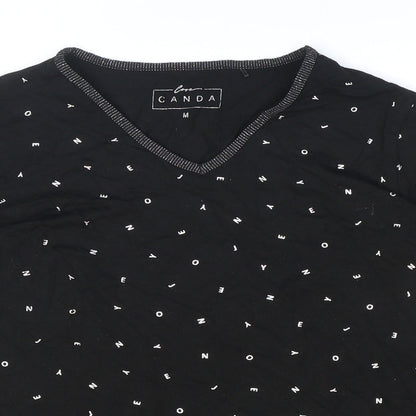 Close-up detail of Cape Canada women’s black geometric polyester basic t-shirt, size M, v-neck - letters