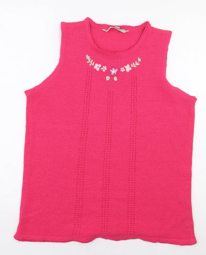 Akal Collection Womens Pink Acrylic Basic Tank Size S Round Neck - Flower Detail