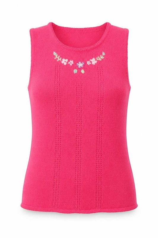 Akal Collection Womens Pink Acrylic Basic Tank Size S Round Neck - Flower Detail