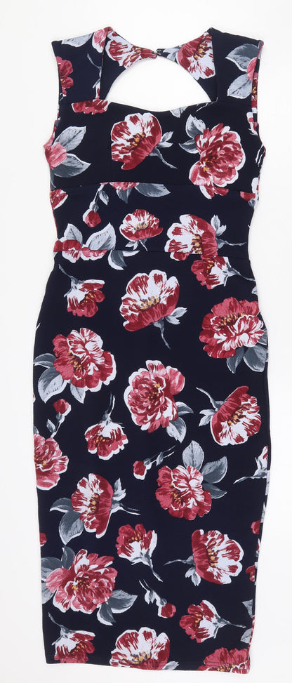 Boohoo Womens Blue Floral Polyester Pencil Dress Size 10 Square Neck Hook & Eye - Neck Cut out