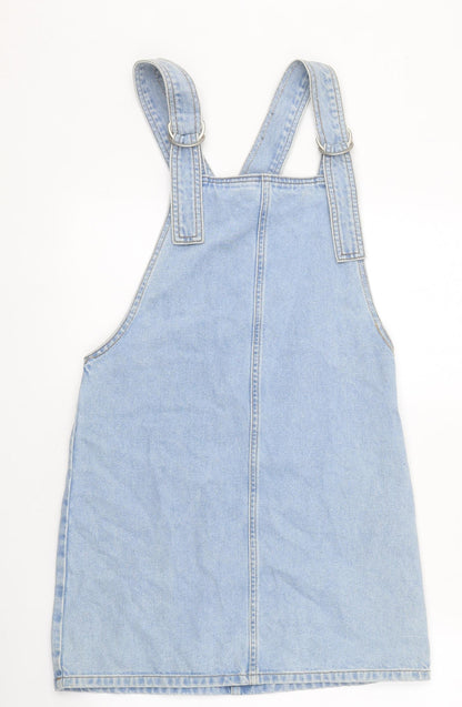 Topshop Womens Blue 100% Cotton Pinafore/Dungaree Dress Size 6 Square Neck Hook & Loop