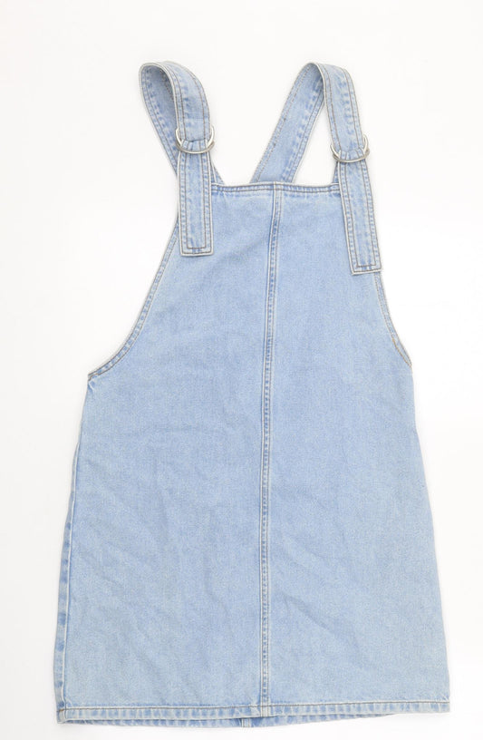 Topshop Womens Blue 100% Cotton Pinafore/Dungaree Dress Size 6 Square Neck Hook & Loop