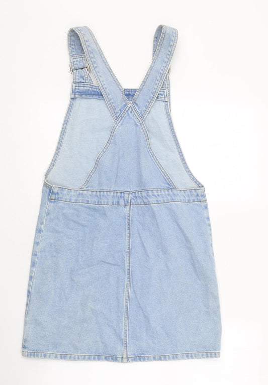Topshop Womens Blue 100% Cotton Pinafore/Dungaree Dress Size 6 Square Neck Hook & Loop