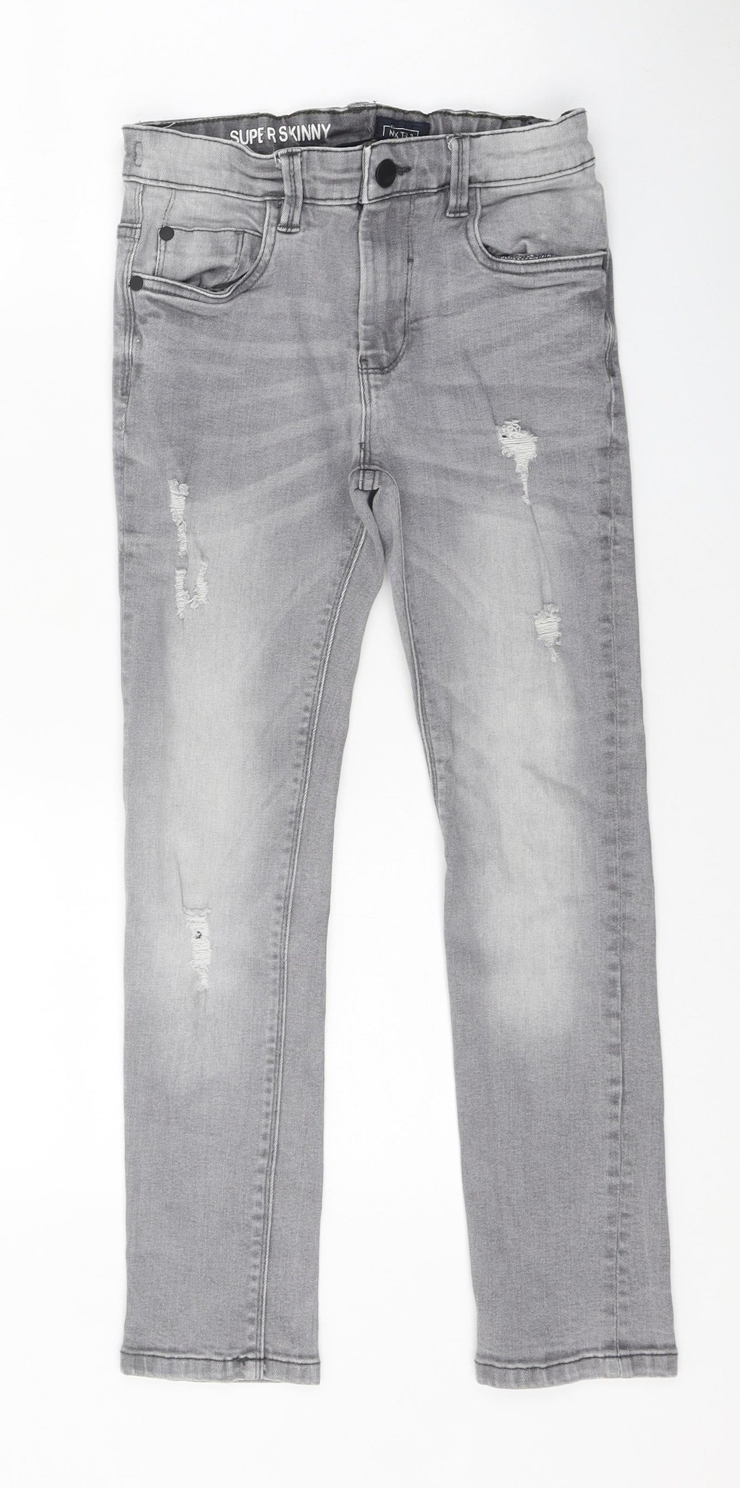 NEXT Boys Grey 100% Cotton Skinny Jeans Size 9 Months Regular Zip - Distressed