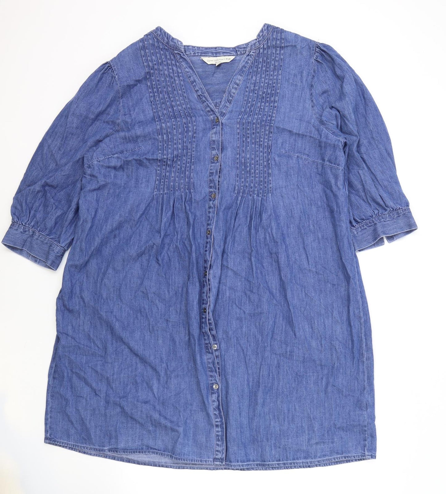 F&F Womens Blue Cotton Shift Size 18 V-Neck Button