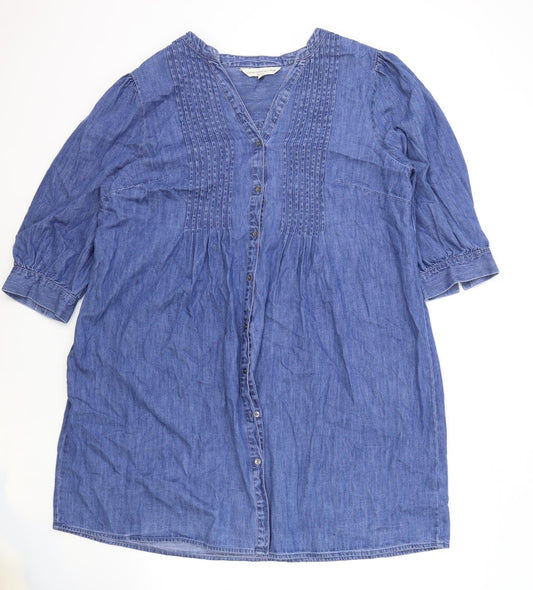 F&F Womens Blue Cotton Shift Size 18 V-Neck Button