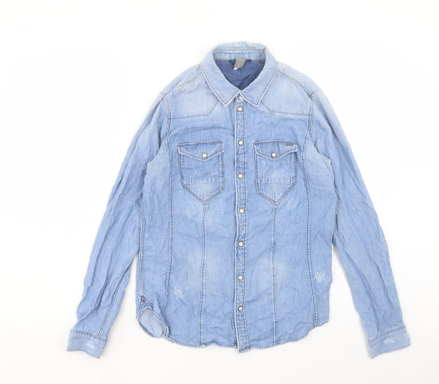 RAW Womens Blue Cotton Basic Button-Up Size S Collared - Distressed