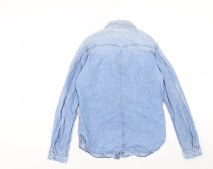 RAW Womens Blue Cotton Basic Button-Up Size S Collared - Distressed
