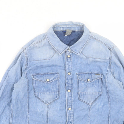 RAW Womens Blue Cotton Basic Button-Up Size S Collared - Distressed
