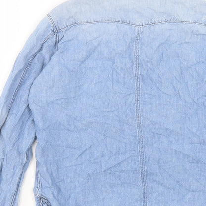 RAW Womens Blue Cotton Basic Button-Up Size S Collared - Distressed