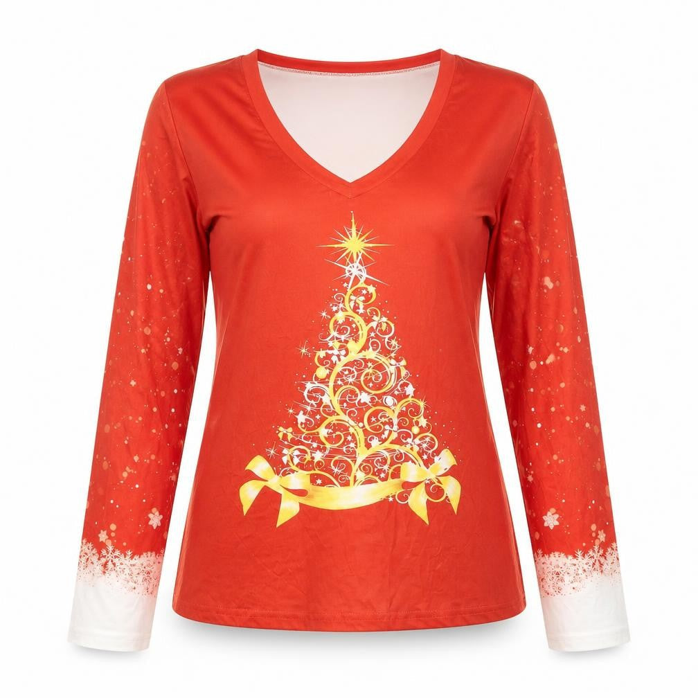 Chicme Womens Red Polyester Basic T-Shirt Size XL V-Neck - Christmas Tree