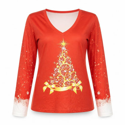 Chicme Womens Red Polyester Basic T-Shirt Size XL V-Neck - Christmas Tree