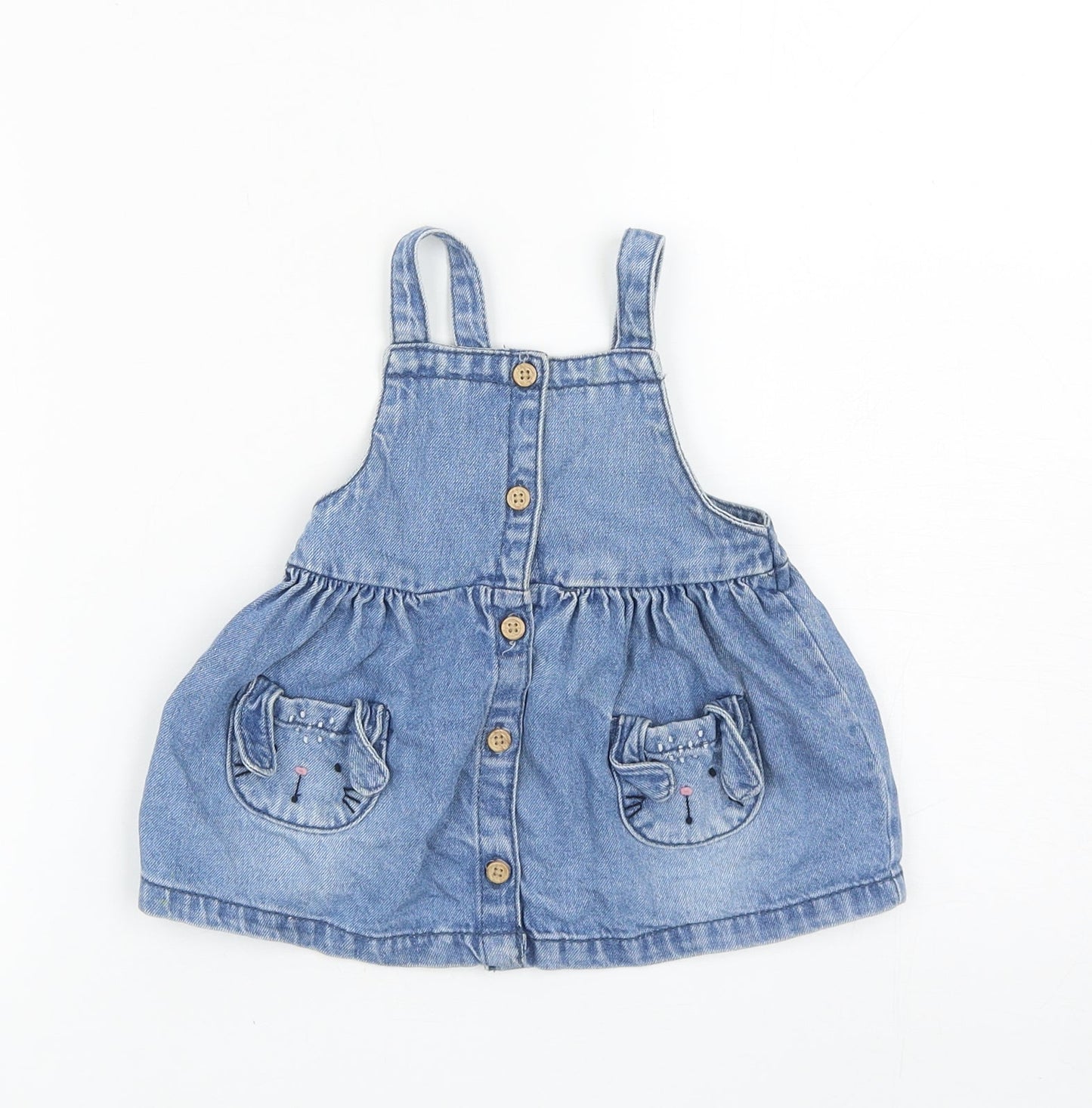 F&F Girls Blue Cotton Pinafore/Dungaree Dress Size 3-6 Months Square Neck Button - Rabbits