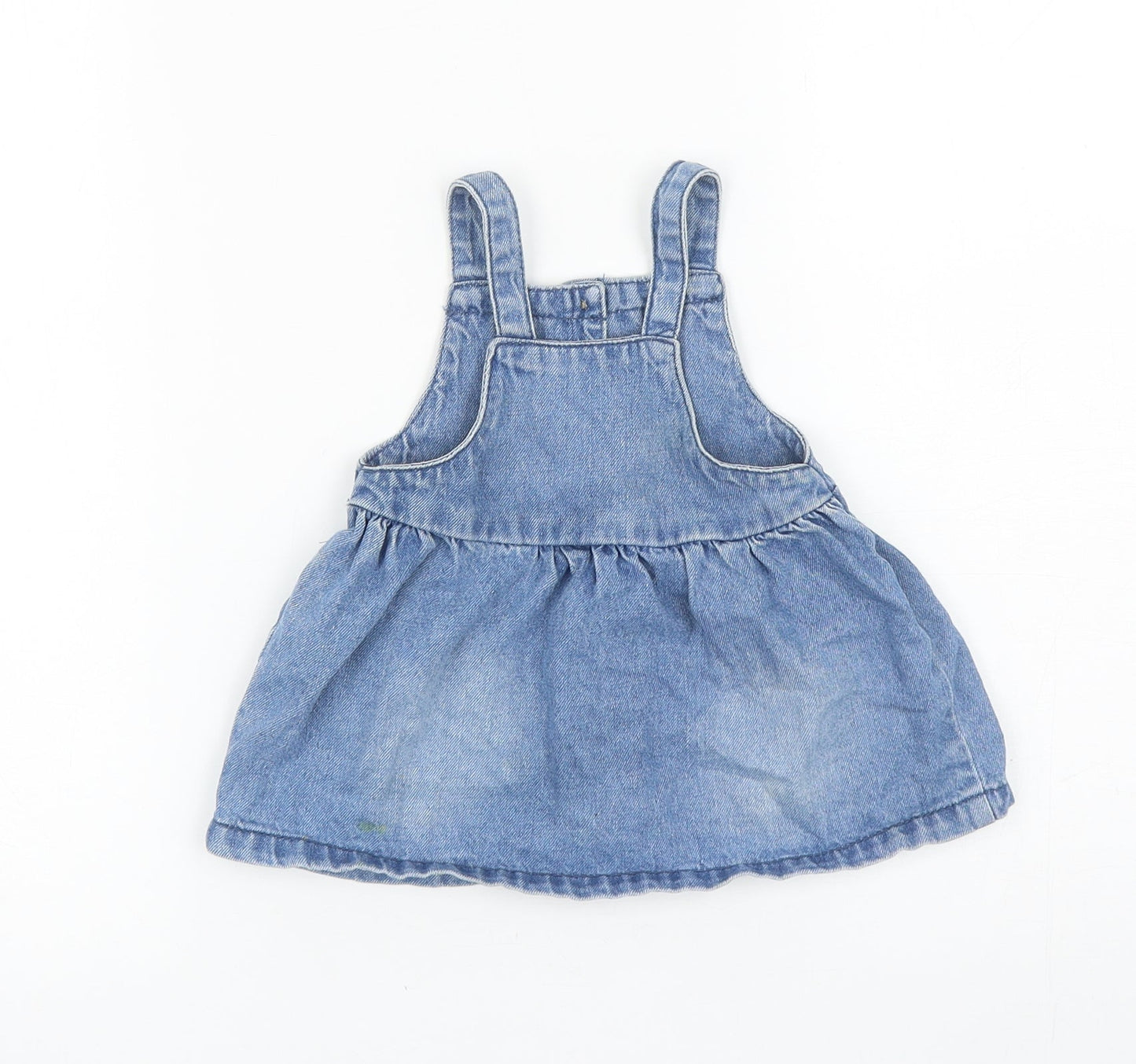 F&F Girls Blue Cotton Pinafore/Dungaree Dress Size 3-6 Months Square Neck Button - Rabbits