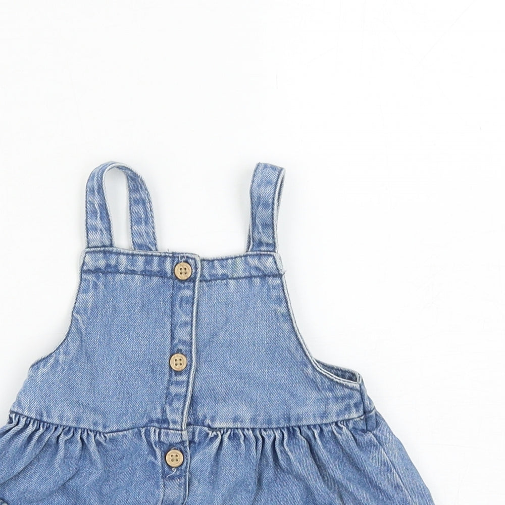 F&F Girls Blue Cotton Pinafore/Dungaree Dress Size 3-6 Months Square Neck Button - Rabbits