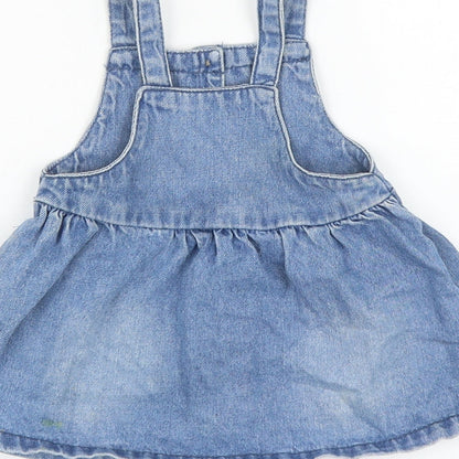 F&F Girls Blue Cotton Pinafore/Dungaree Dress Size 3-6 Months Square Neck Button - Rabbits