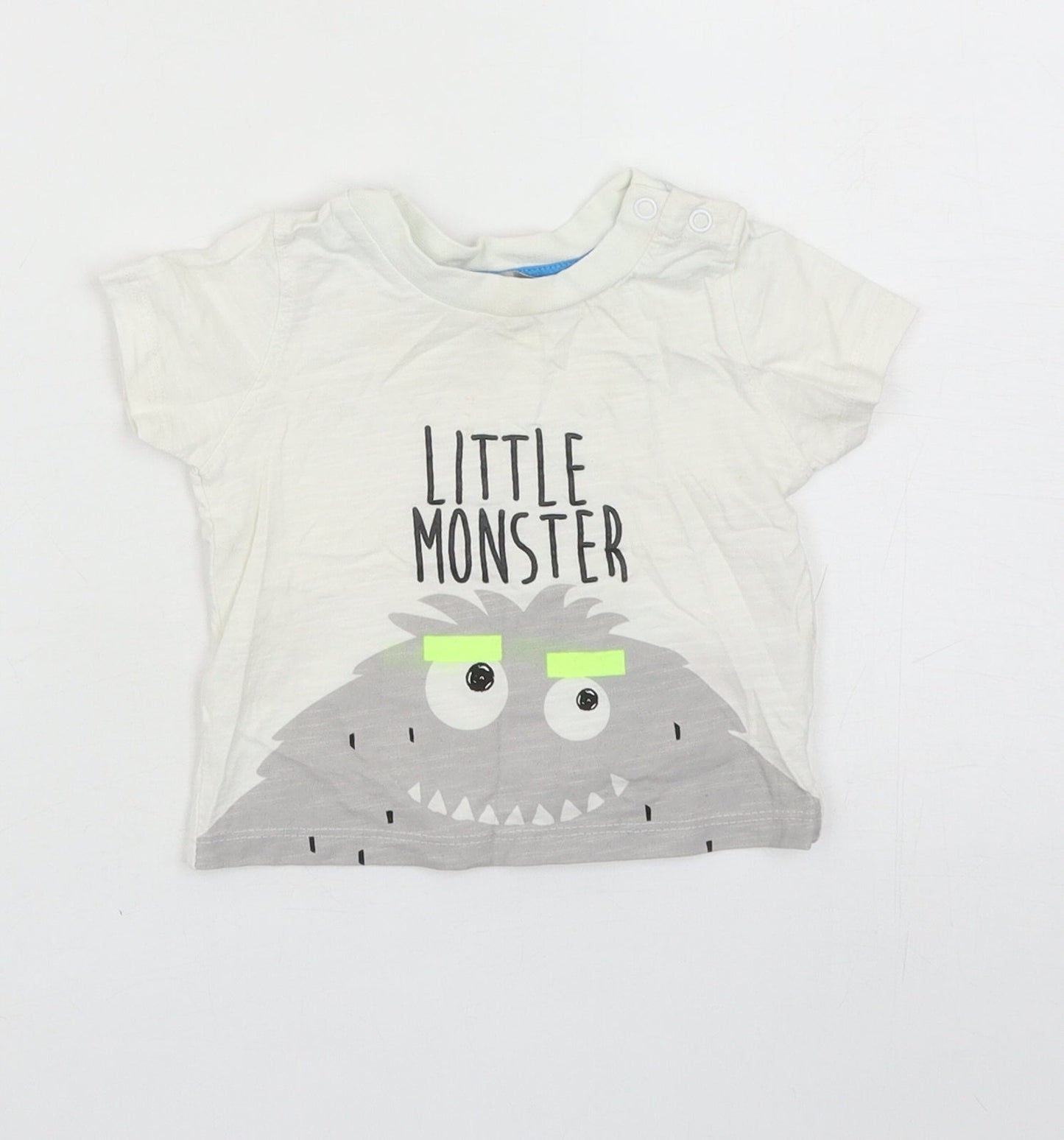 Primark Boys White Cotton Basic T-Shirt Size 6-9 Months Round Neck Snap - Little Monster