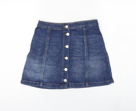 H&M Womens Blue Cotton A-Line Skirt Size 10 Button