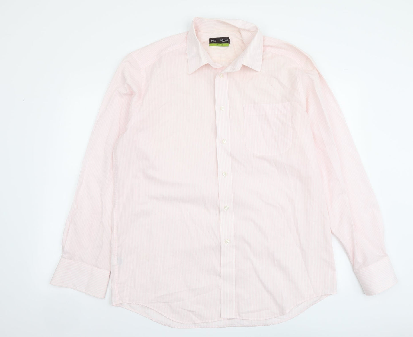 Mens UK Size 16 Marks and Spencer Pink  Button-Up Long Sleeve Casual Shirt