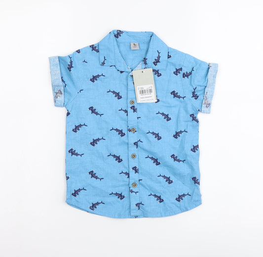 TU Boys Blue Geometric Linen Basic Button-Up Size 2-3 Years Collared Button - Shark Pattern