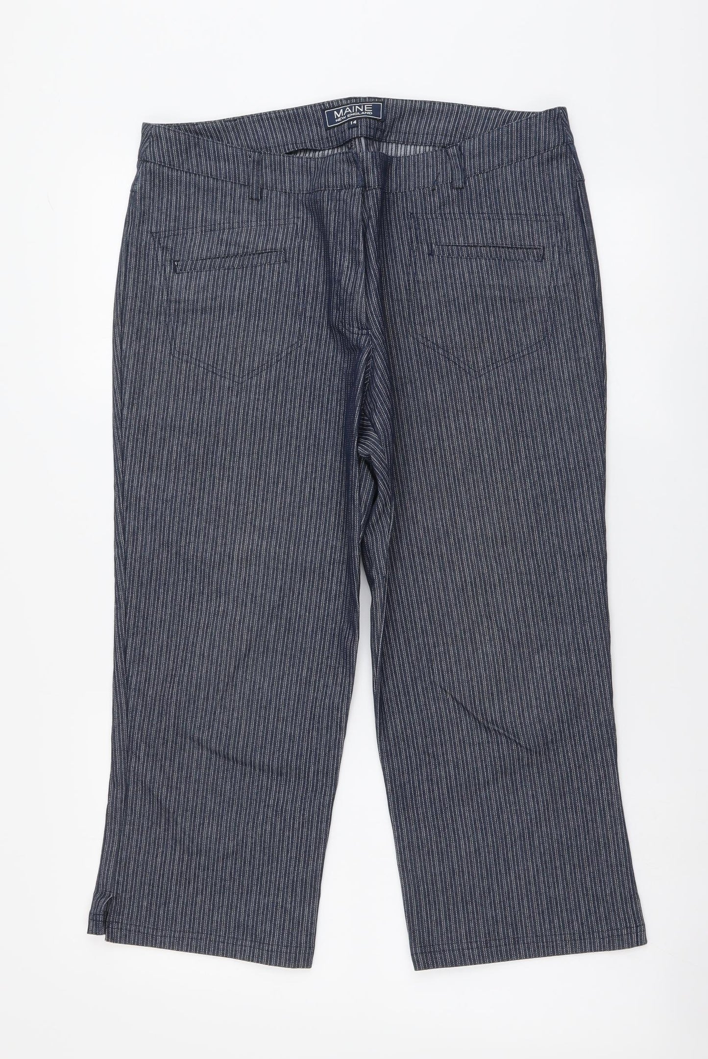 Maine Womens Blue Striped Cotton Cropped Trousers L21 in Regular Button