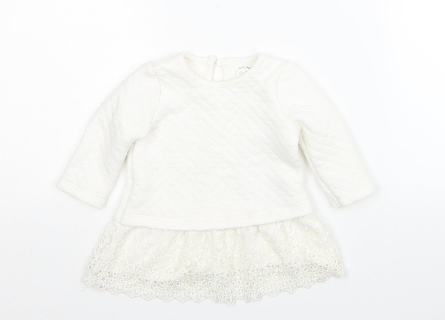 F&F Girls White Floral Cotton Pullover Jumper Size 0-3 Months Button - Lace Detail
