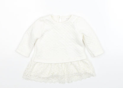 F&F Girls White Floral Cotton Pullover Jumper Size 0-3 Months Button - Lace Detail