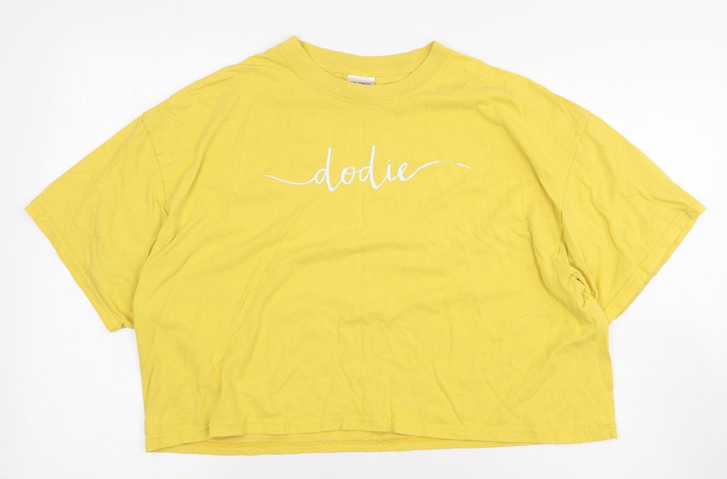 Gildan Womens Yellow 100% Cotton Cropped T-Shirt Size XL Round Neck