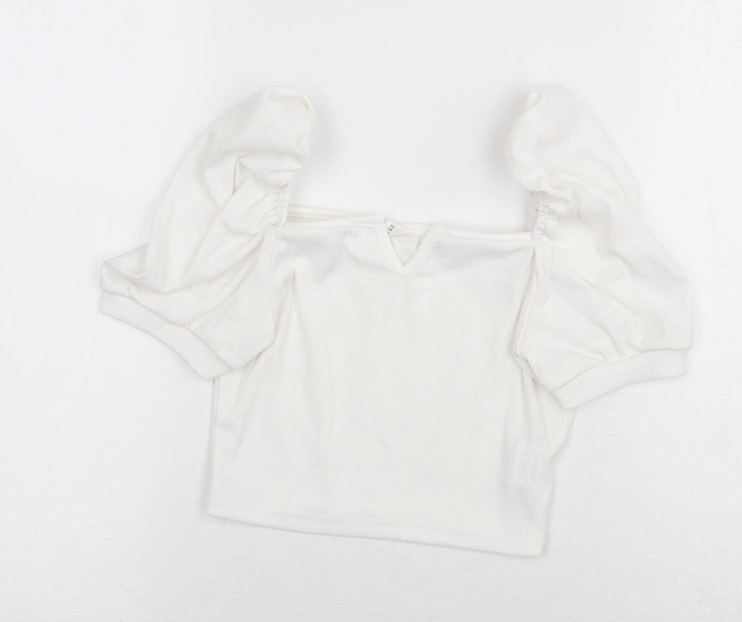 SheIn Girls White Polyester Cropped T-Shirt Size 11-12 Years Square Neck Pullover - Balloon Sleeve