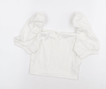 SheIn Girls White Polyester Cropped T-Shirt Size 11-12 Years Square Neck Pullover - Balloon Sleeve