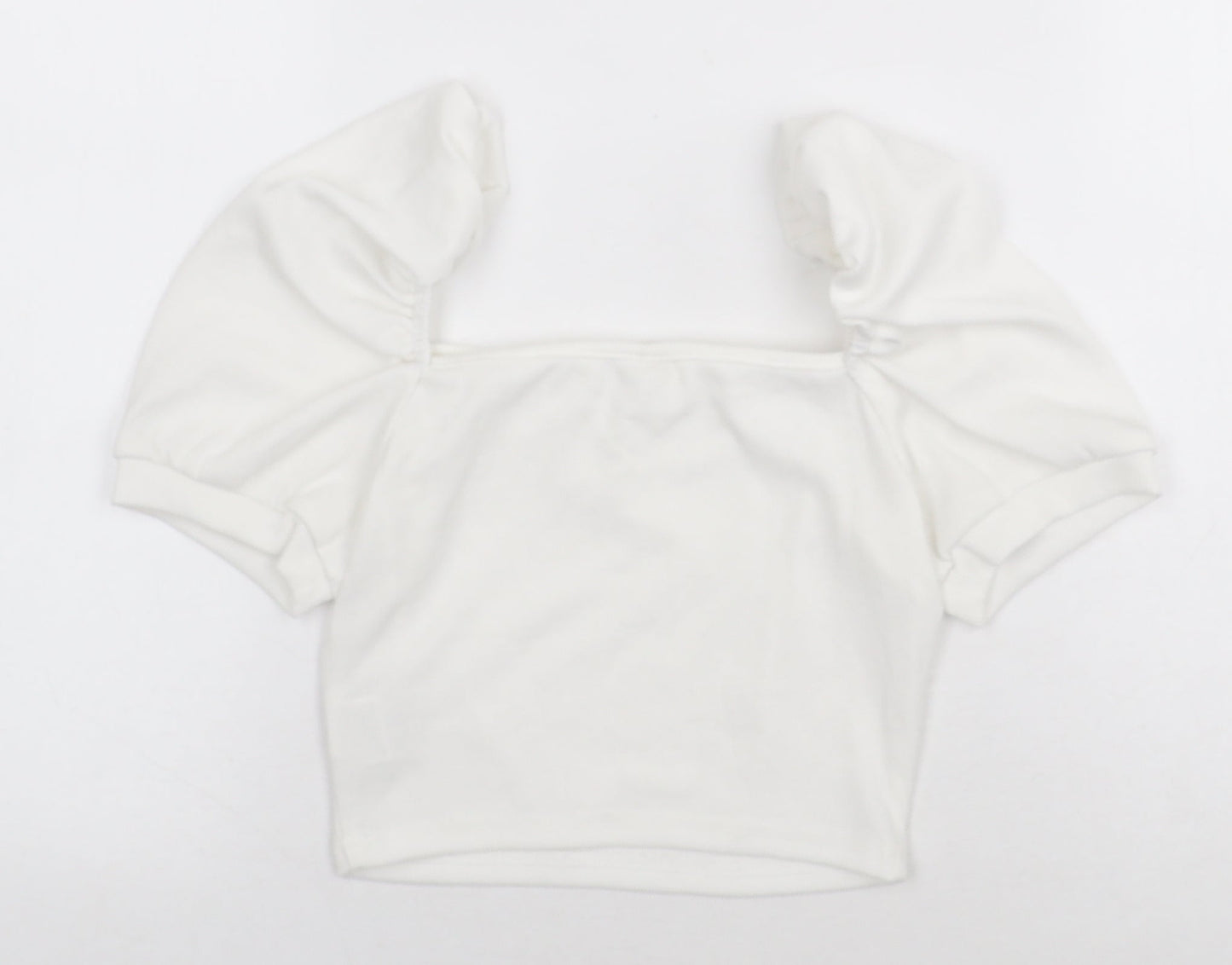 SheIn Girls White Polyester Cropped T-Shirt Size 11-12 Years Square Neck Pullover - Balloon Sleeve