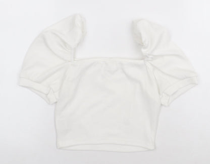 SheIn Girls White Polyester Cropped T-Shirt Size 11-12 Years Square Neck Pullover - Balloon Sleeve