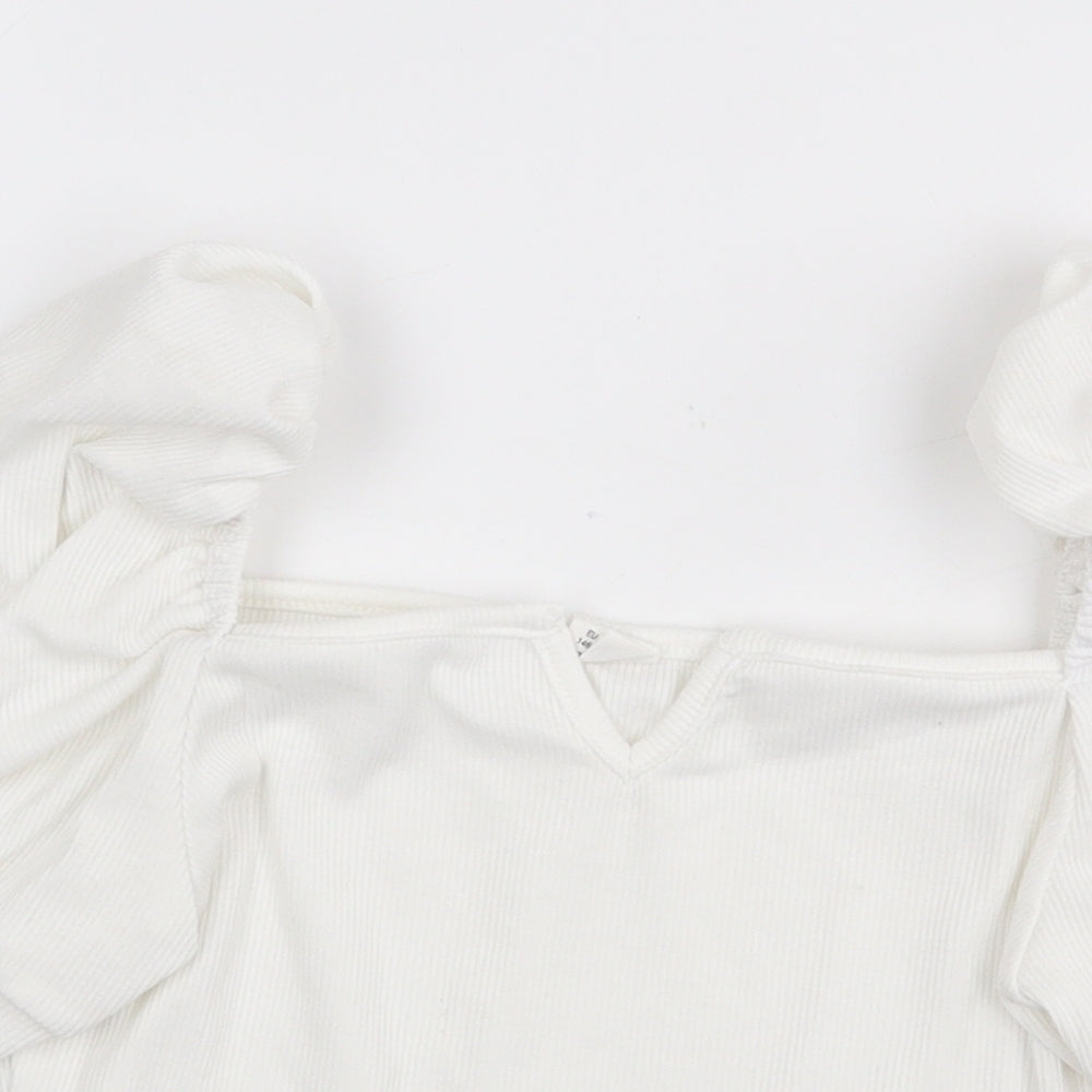 SheIn Girls White Polyester Cropped T-Shirt Size 11-12 Years Square Neck Pullover - Balloon Sleeve