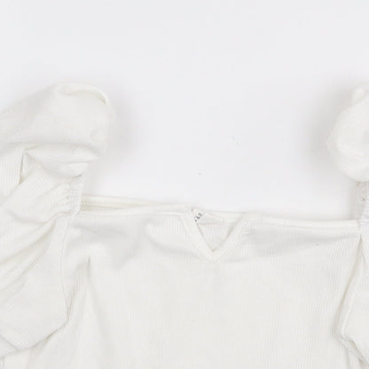 SheIn Girls White Polyester Cropped T-Shirt Size 11-12 Years Square Neck Pullover - Balloon Sleeve