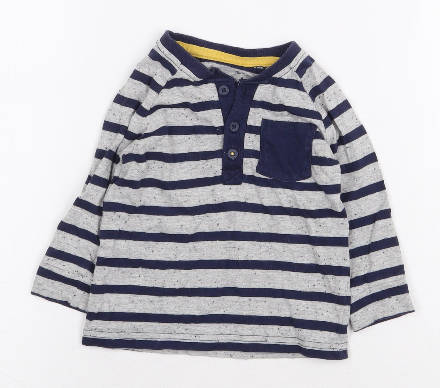 George Boys Grey Striped Cotton Basic T-Shirt Size 6-9 Months Round Neck Button