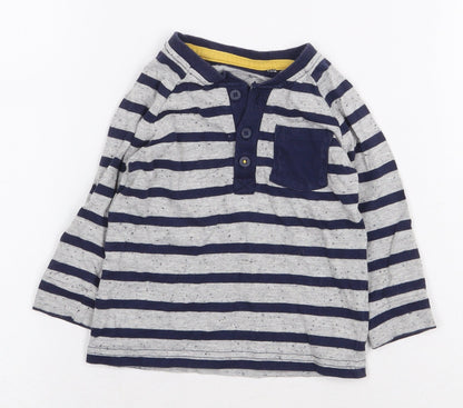 George Boys Grey Striped Cotton Basic T-Shirt Size 6-9 Months Round Neck Button