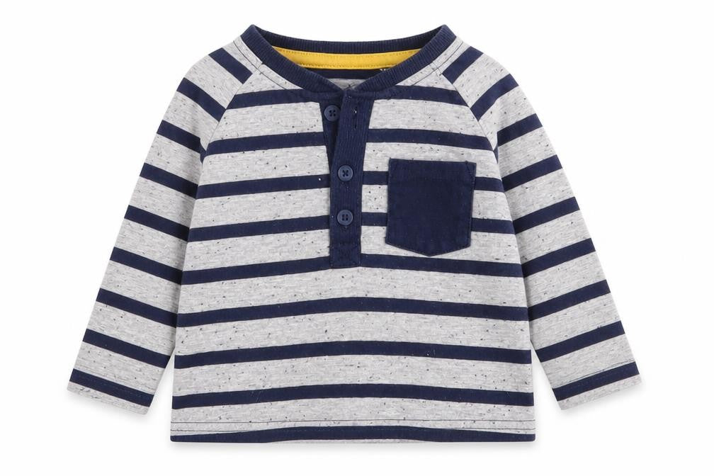 George Boys Grey Striped Cotton Basic T-Shirt Size 6-9 Months Round Neck Button