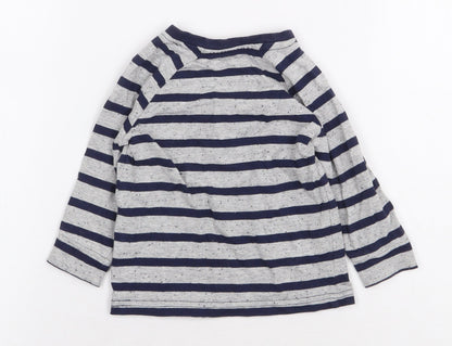 George Boys Grey Striped Cotton Basic T-Shirt Size 6-9 Months Round Neck Button