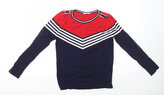 Classic Womens Blue Round Neck Striped Polyester Pullover Jumper Size 10 - Button Detail on Shoulder