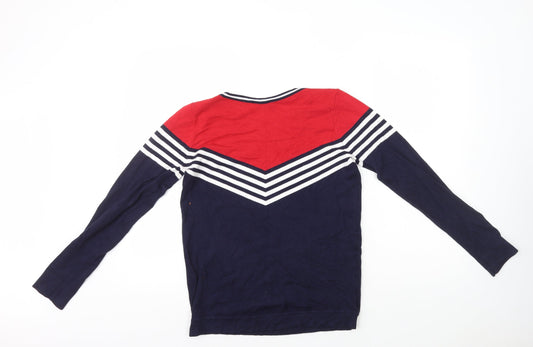 Classic Womens Blue Round Neck Striped Polyester Pullover Jumper Size 10 - Button Detail on Shoulder