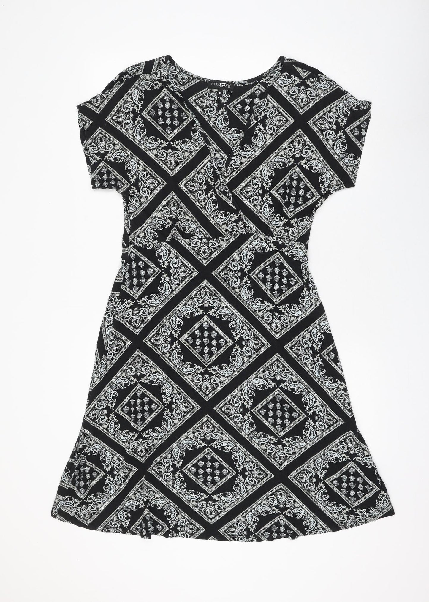 Debenhams Womens Black Geometric Viscose A-Line Size 12 V-Neck Pullover