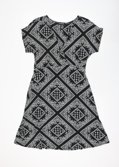 Debenhams Womens Black Geometric Viscose A-Line Size 12 V-Neck Pullover