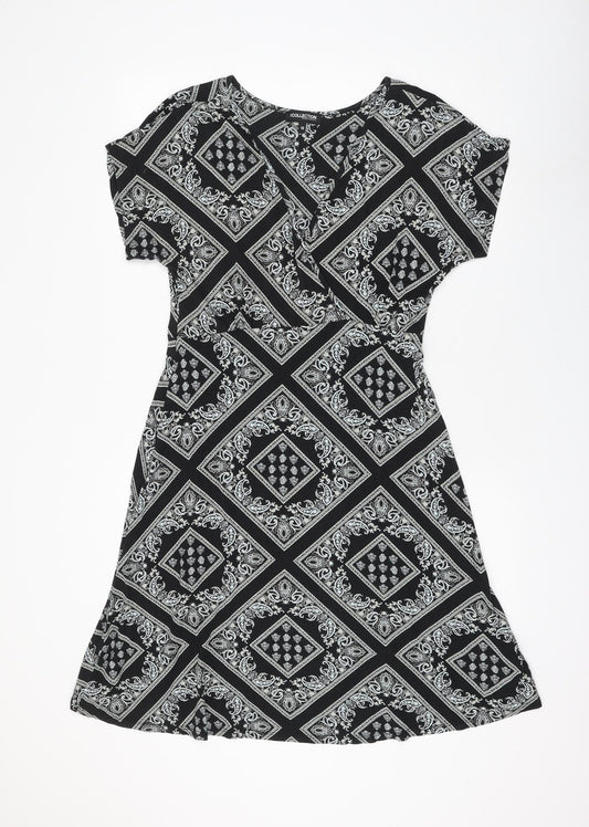 Debenhams Womens Black Geometric Viscose A-Line Size 12 V-Neck Pullover