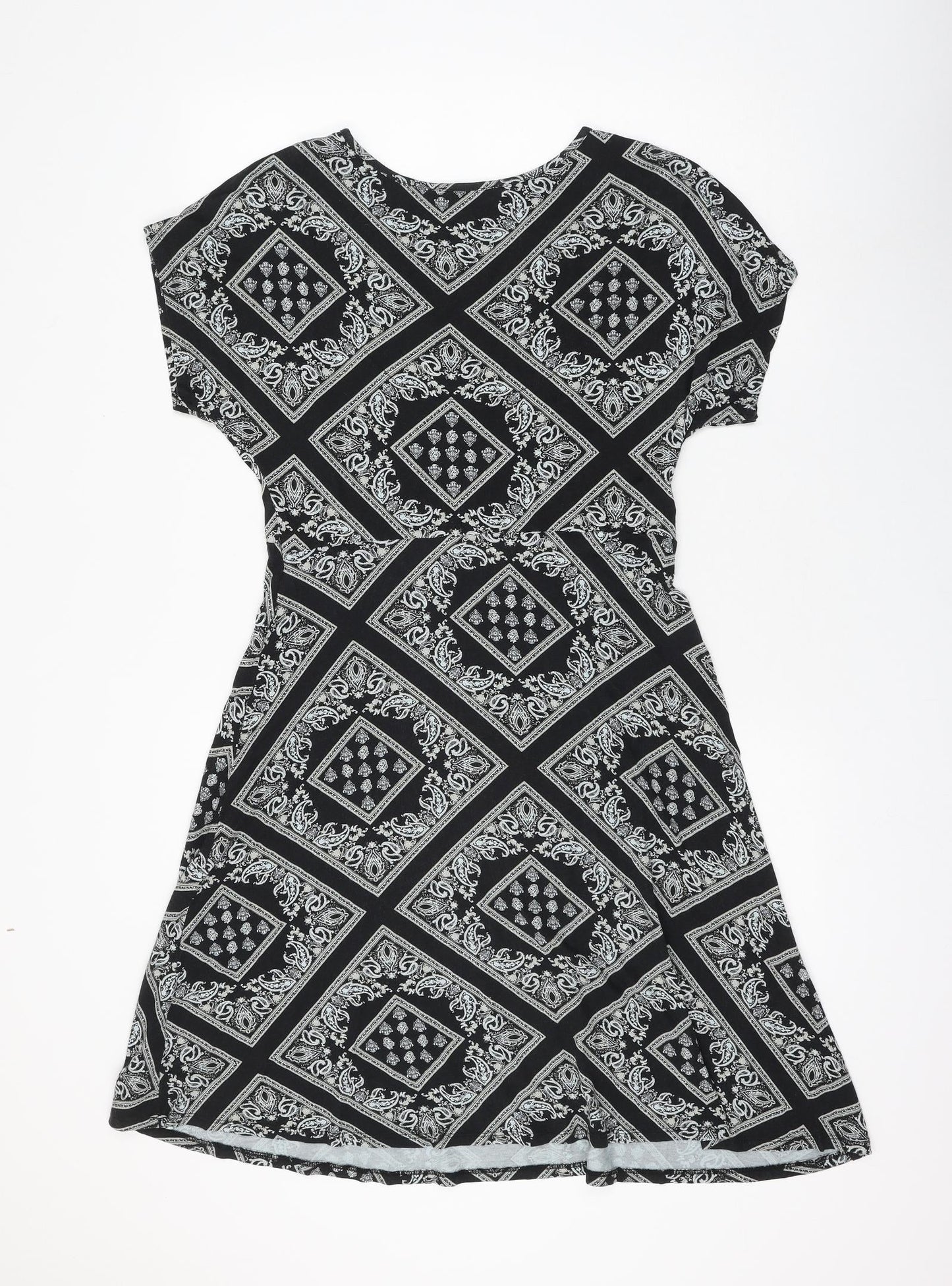 Debenhams Womens Black Geometric Viscose A-Line Size 12 V-Neck Pullover